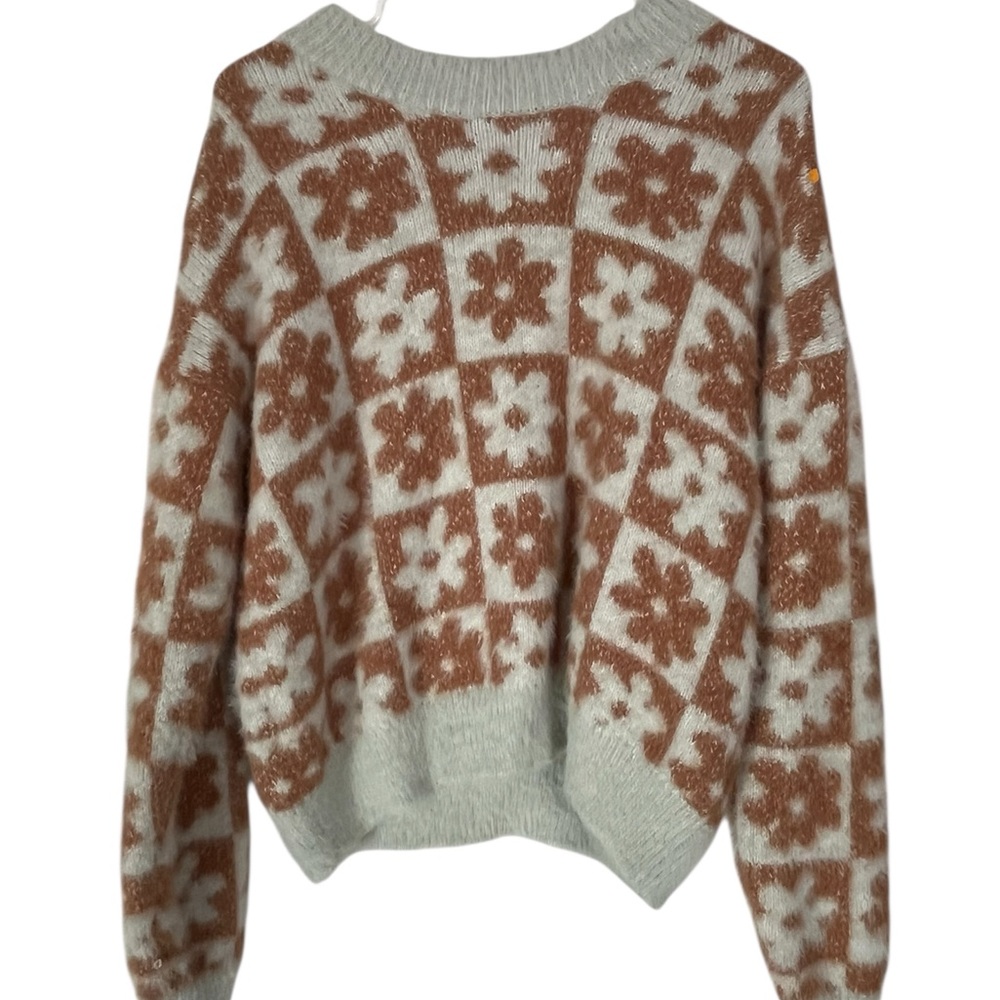 SO Goods for Life SzL Cozy Floral Checkered Sweater - Light Teal and Brown